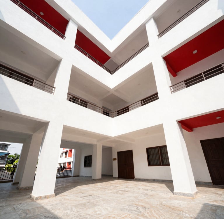 Bright architectural interior of a modern Kolkata apartment, natural daylight, high-contrast red accents, sharp focus, wide-angle lens
