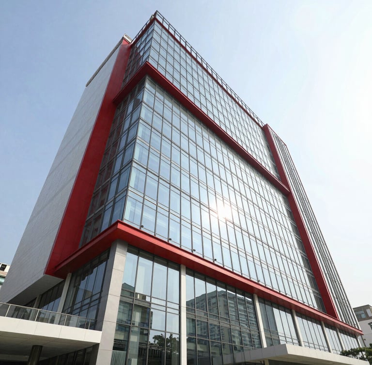 Wide-angle architectural photograph of a modern glass corporate building in Kolkata, bright natural daylight, high-contrast red accents on facade, sharp focus