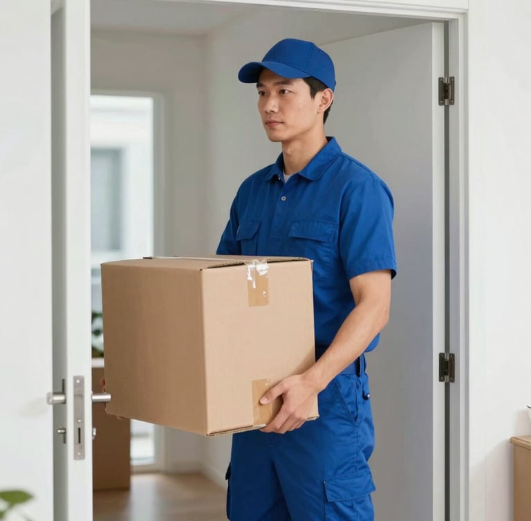Side portrait of a uniformed moving specialist carrying a double-walled cardboard carton through a modern apartment doorway, sharp focus, natural light.