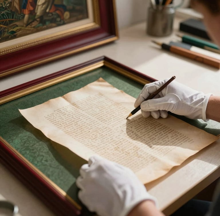 Close-up of hands in white gloves examining a historical document and a painting frame in a sunlit restoration studio, soft shadows, warm tones.