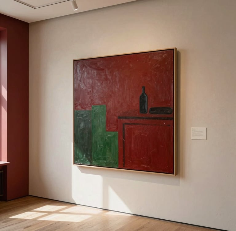 Warm editorial photography of a refined private gallery space with natural light, a large curated canvas on a textured plaster wall, deep crimson accent tones, 35mm lens.