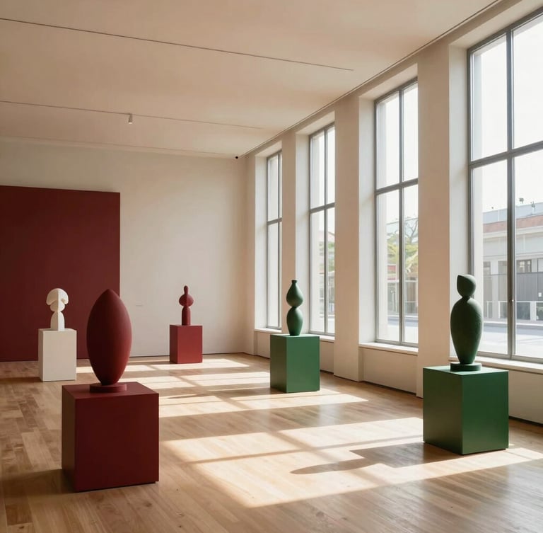 Wide panoramic editorial photograph of a modern art gallery with high ceilings, warm natural light streaming from tall windows to the right, minimalist sculptures on pedestals, deep crimson and forest green accents, captured with a 35mm lens.