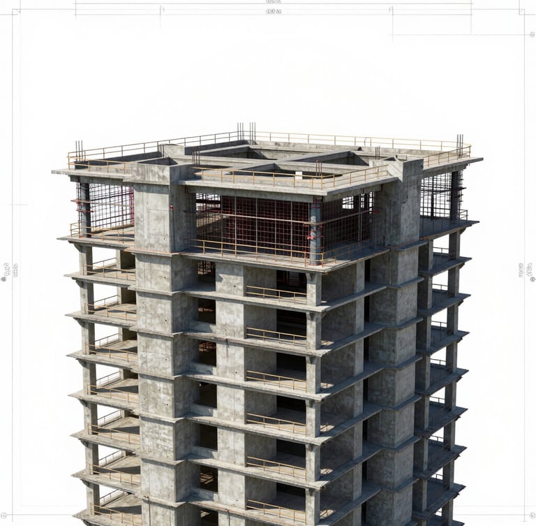 Sharp architectural drawing of a high-rise foundation, technical blueprint overlay with concrete gray tones, clean daylight casting sharp shadows on architectural details