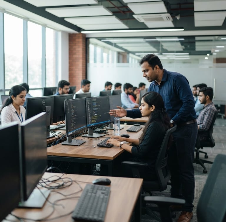 Bright modern computer lab in Trivandrum, students actively working on screens with an instructor guiding them, cool natural daylight, professional corporate tone, shallow depth of field, 35mm