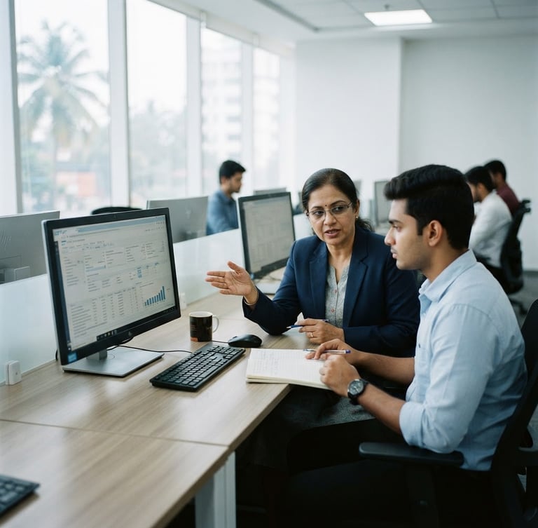 Bright modern computer lab setting in Trivandrum, an accounting instructor explaining SAP FICO ledgers to a focused student, cool natural daylight, professional corporate tone, 35mm.