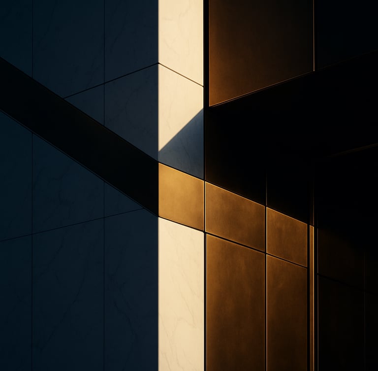 Close-up abstract architectural detail of modern Saudi corporate headquarters, golden hour shadows casting sharp geometric lines on premium white marble and brass, cinematic low-key lighting.