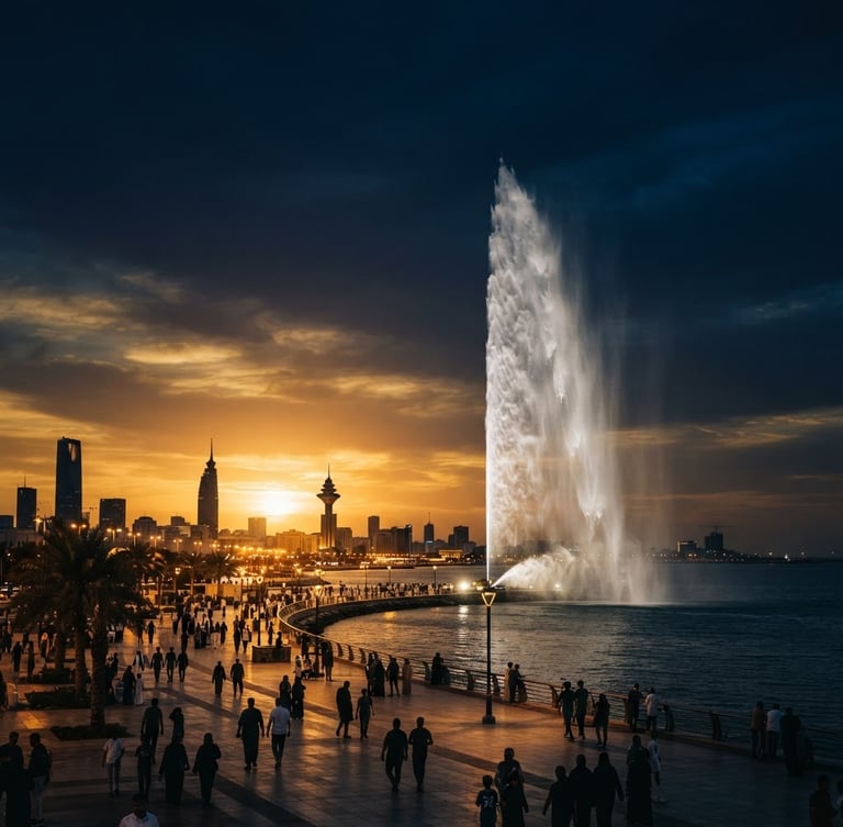 Cinematic golden-hour Jeddah Corniche with King Fahd Fountain, dramatic low-key lighting with high contrast, rich dark navy tones, 35mm anamorphic lens