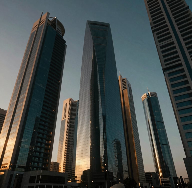 Low-angle architectural shot of modern Riyadh financial district skyscrapers during golden hour, dramatic shadows, premium glass and steel textures, cinematic low-key lighting