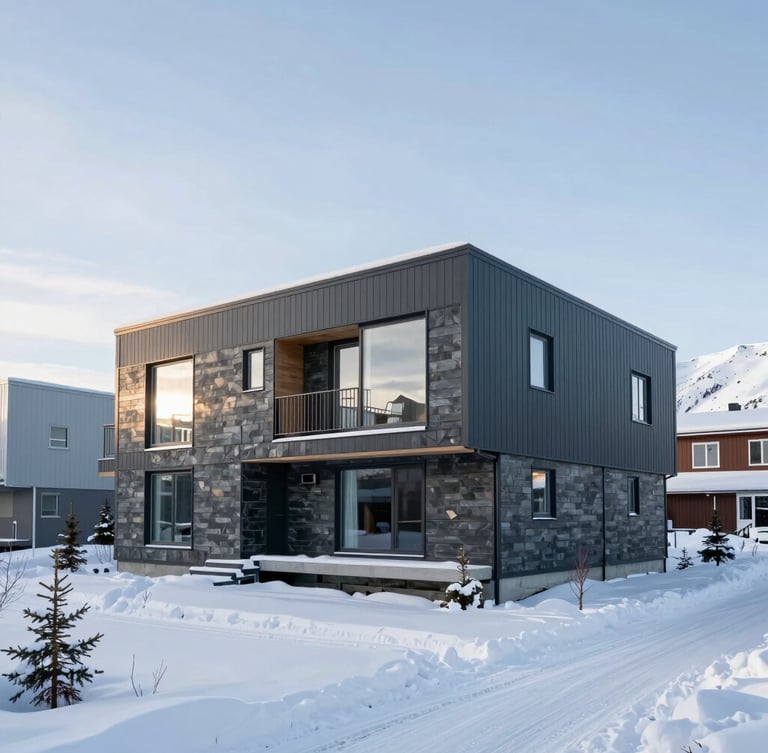 Crisp exterior architectural photograph of a modern, winter-proof duplex in Alaska, framed against a clean snowy landscape and low northern sun.