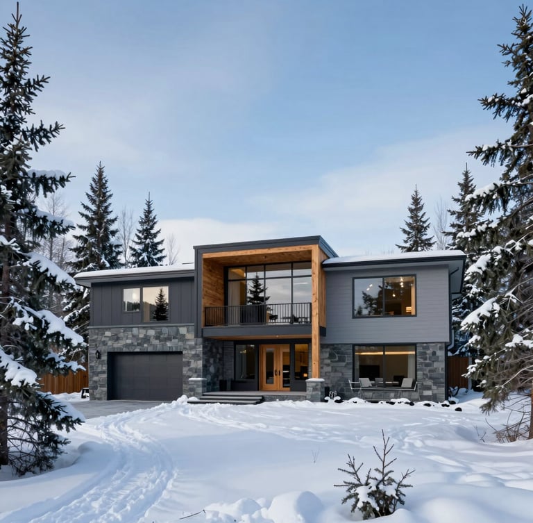 Wide-angle exterior of a luxury modern timber-and-steel home in Anchorage, surrounded by snow-dusted spruce trees under a crisp blue northern sky.