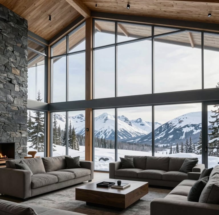 Crisp wide-angle architectural shot of a modern Alaskan living room with floor-to-ceiling windows showing snow-capped mountains, cool daylight.