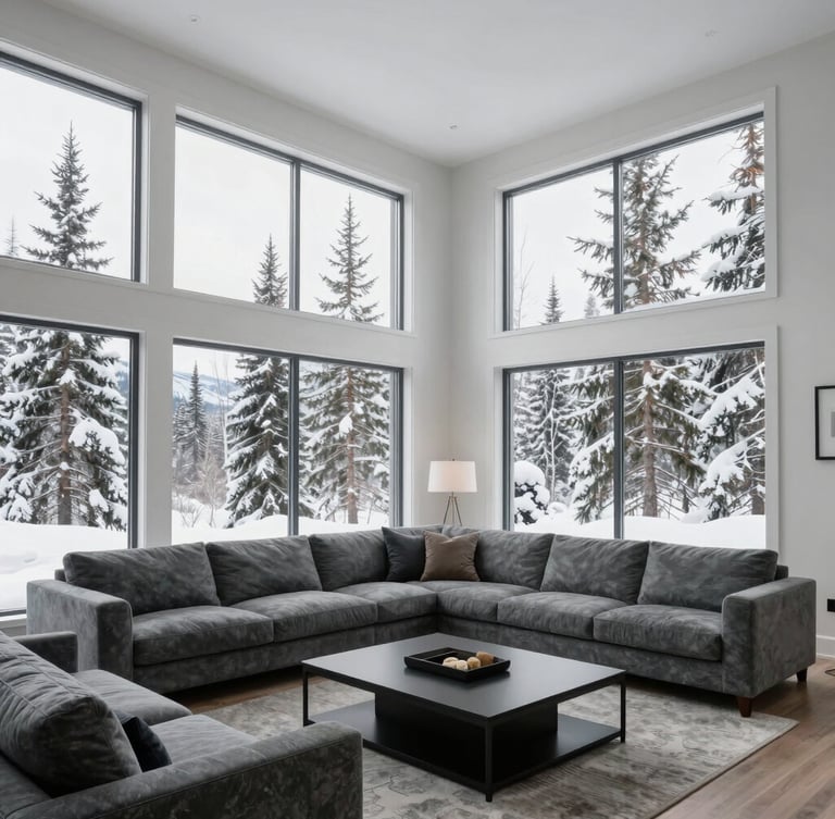 Crisp architectural photography of a modern Alaskan living room with clean lines, large windows showing snow-covered spruce trees outside, bright natural northern daylight, cool slate and spruce tones.