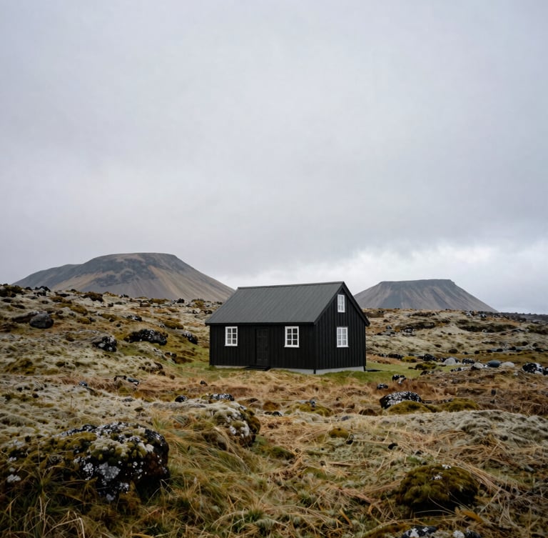 Wide landscape framing, soft diffused overcast daylight. A quiet, empty wooden cottage built of dark timber sits nestled in low volcanic hills covered in moss, distant mountains under a heavy grey sky.