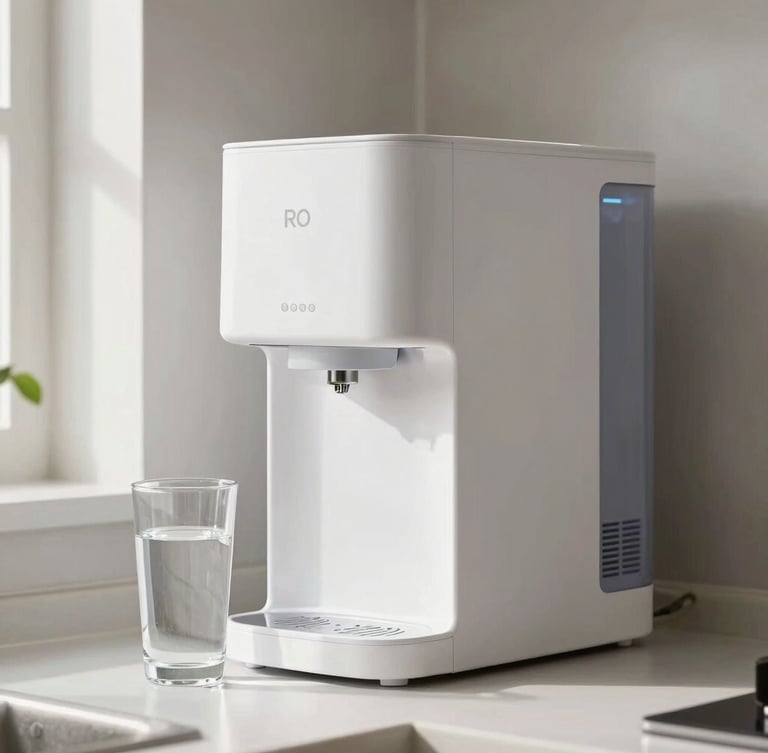 Straightforward eye-level shot of a clean white RO water purifier unit installed on a kitchen wall, bright natural daylight, clear water glass nearby.