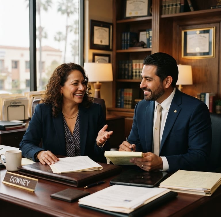 Warm editorial portrait of professional Hispanic attorneys in a Downey office, soft natural studio light, deep navy and gold tones, confident and empathetic expressions, 35mm