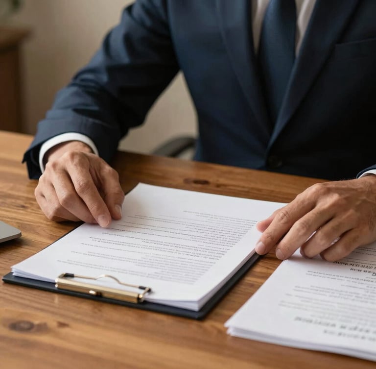 Close-up of hands reviewing legal documents and medical reports on a wooden desk, warm soft key light, professional law office environment, 35mm
