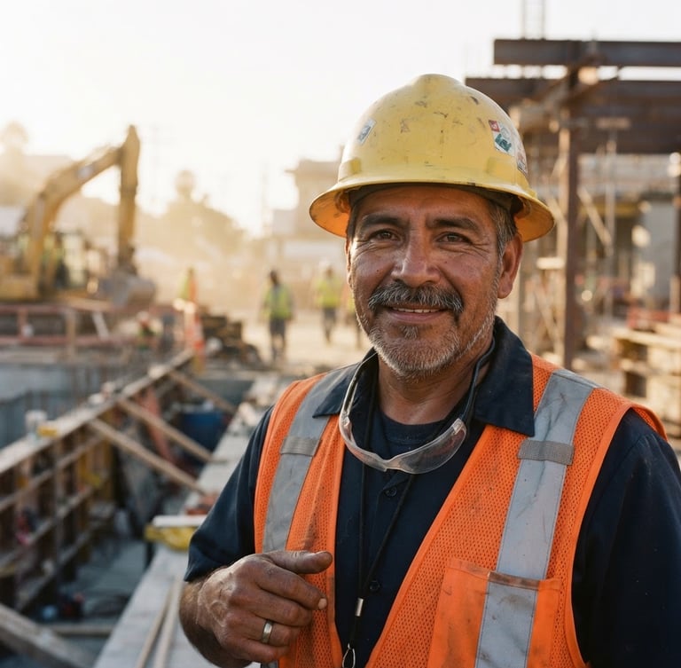 Portrait of a hardworking Hispanic construction worker in Downey wearing a safety vest and helmet, looking confident and dignified, warm natural sunlight, 35mm photography
