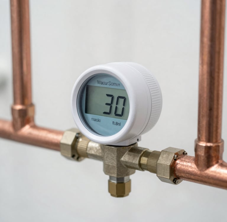 Close-up of a modern digital water meter installed on a clean copper pipe, bright neutral daylight, sharp focus on the digital display showing cubic meters, professional technical photography.
