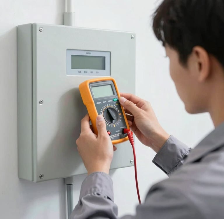 Close-up of a professional technician in clean workwear testing a modern wall-mounted security control panel with a digital multimeter, bright daylight, sharp focus.