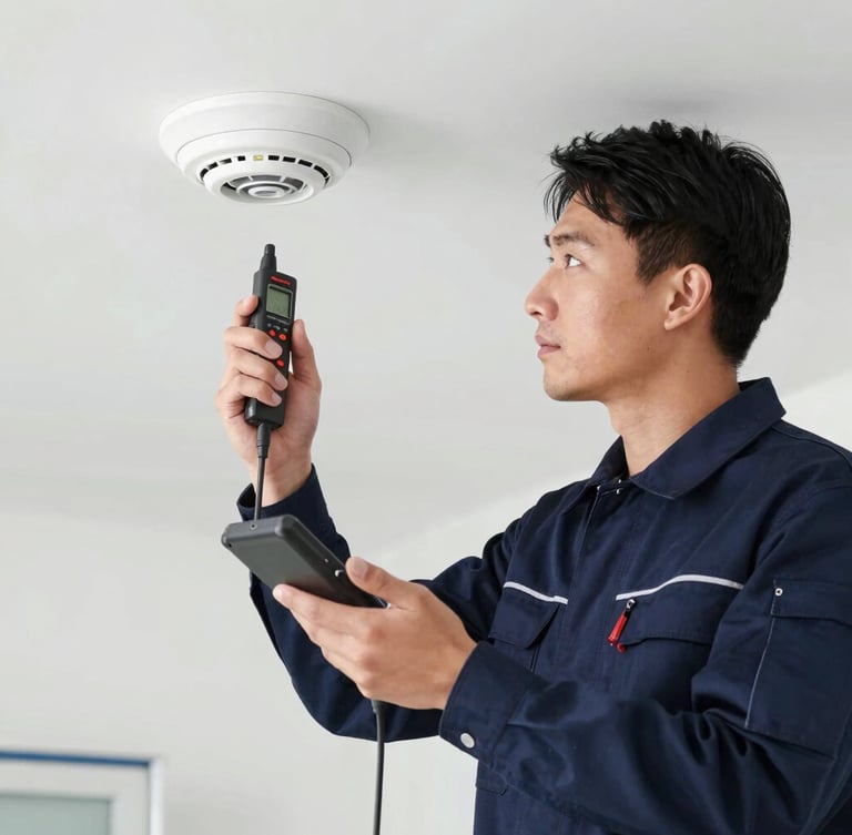 A certified technician in clean dark blue workwear inspecting a smoke detector on a ceiling, holding a professional test device, bright daylight, realistic setting