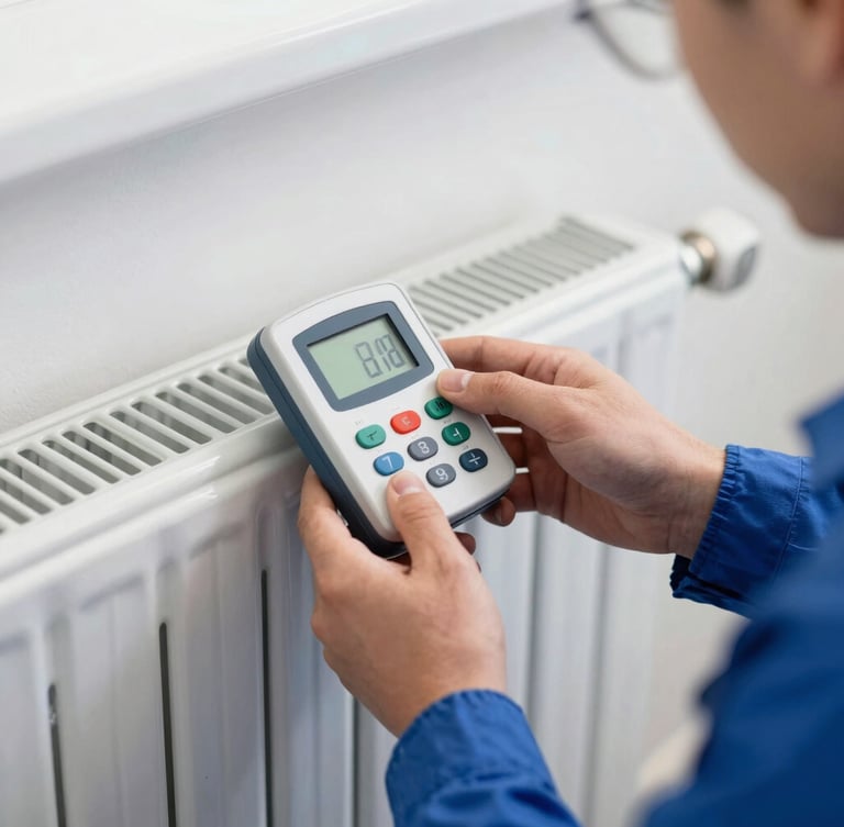 A professional technician in clean workwear calibrating a digital heat cost allocator on a radiator, close-up, sharp focus, technical style