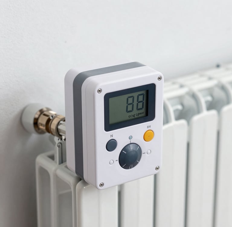 Close-up of a modern digital heat cost allocator mounted on a white radiator, sharp focus, clean technical photography, bright neutral daylight