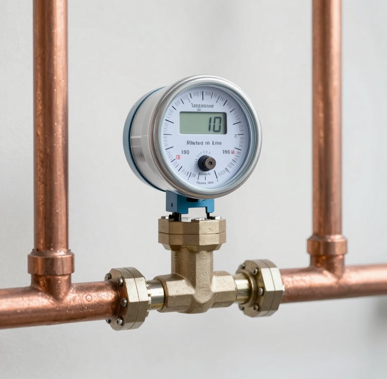 Straight-on technical shot of a modern digital water meter mounted on clean copper pipes, bright neutral daylight, crisp details, professional industrial style