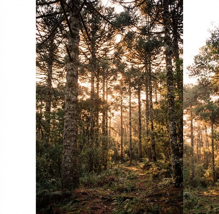 Wide-angle portrait of native Araucaria trees in the Serra Gaúcha forest, warm golden-hour sunlight filtering through the branches, soft earthy forest floor, 35mm film look