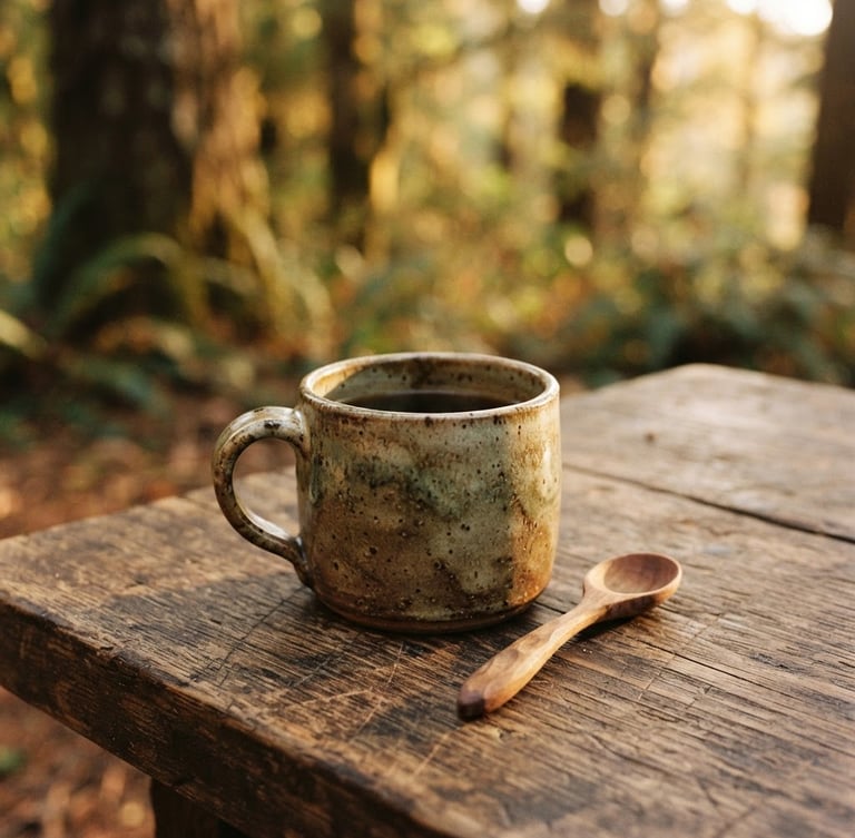 Close-up of a rustic wooden table with a handmade ceramic cup under warm golden light, soft forest background, 35mm film style
