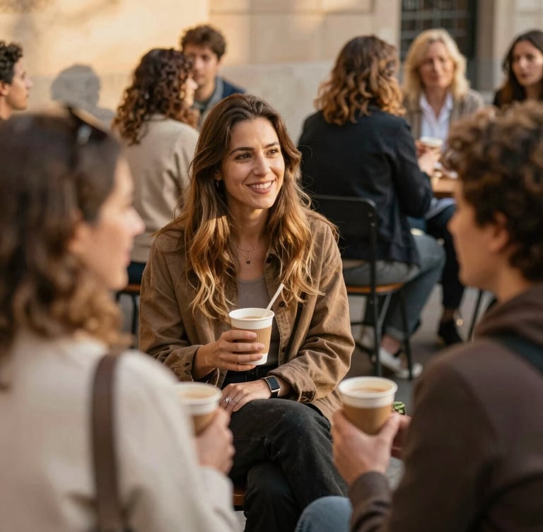 Candid lifestyle photography of a warm community gathering in Barcelona, soft golden-hour natural light, people chatting with coffee cups, 35mm lens, inviting earthy tones.