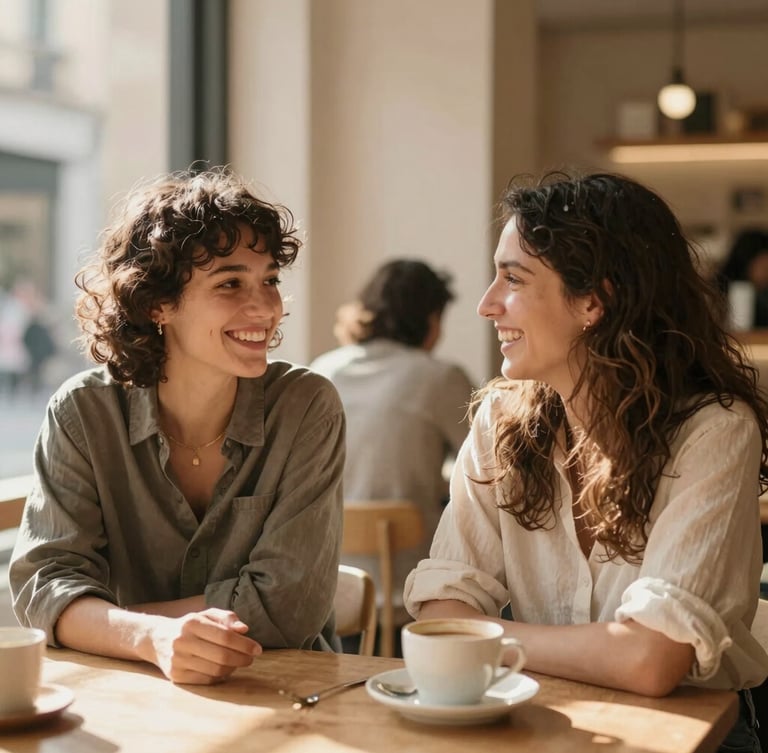 Candid portrait of two people smiling and talking in a bright, modern Barcelona cafe, soft natural light, warm earthy tones, lifestyle photography.