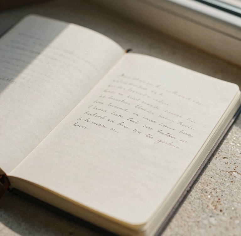 Close-up of an open linen journal with handwritten notes on a stone surface, warm afternoon sunlight casting soft shadows, 35mm film style.