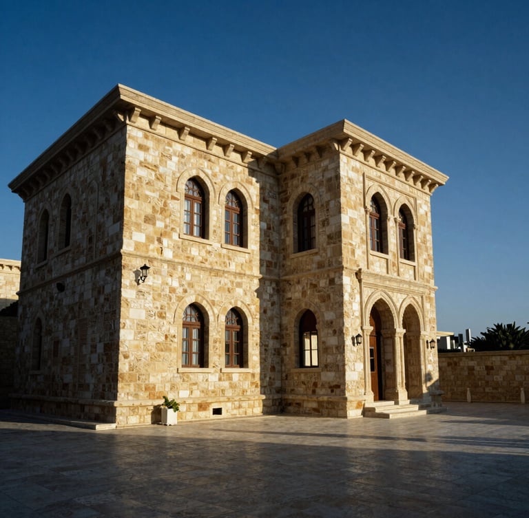 Wide-angle architectural photograph of traditional Lebanese stone villa in Beirut, high-contrast afternoon sunlight casting sharp geometric shadows, negative space on the right.