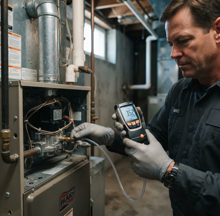Close-up of a technician checking a residential furnace with a digital manometer, natural utility room lighting, cool industrial tones, sharp focus, 35mm lens
