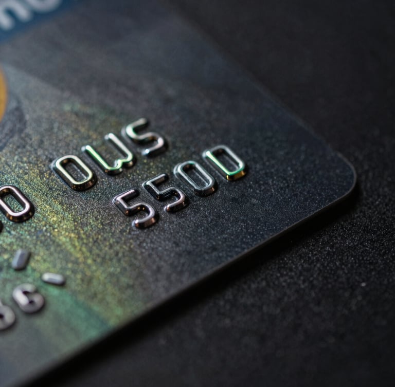 Macro close-up of a premium black metal credit card edge, neon green ambient reflections, dark background, technical aesthetic.