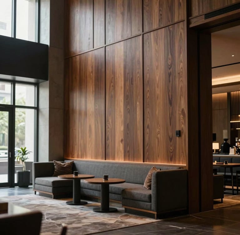 A wide-angle architectural elevation of a luxury hotel lobby featuring custom walnut wall panels and integrated seating, soft natural light