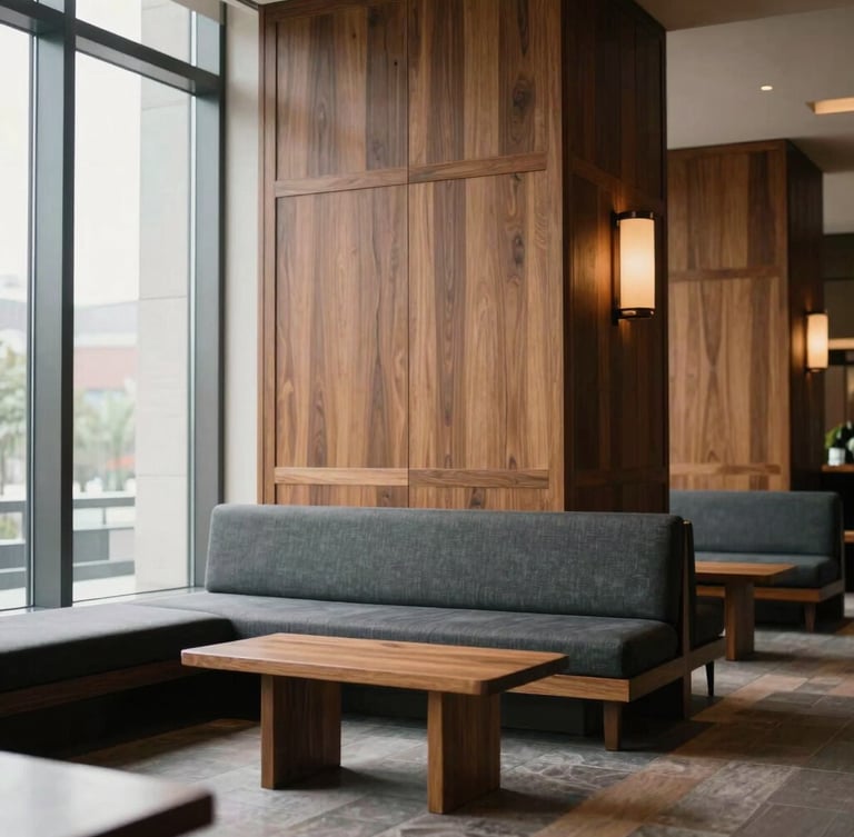 A straight-on architectural elevation of a luxury hotel lobby featuring bespoke walnut paneling and structural timber lounge seating, bathed in soft morning window light, 35mm photography