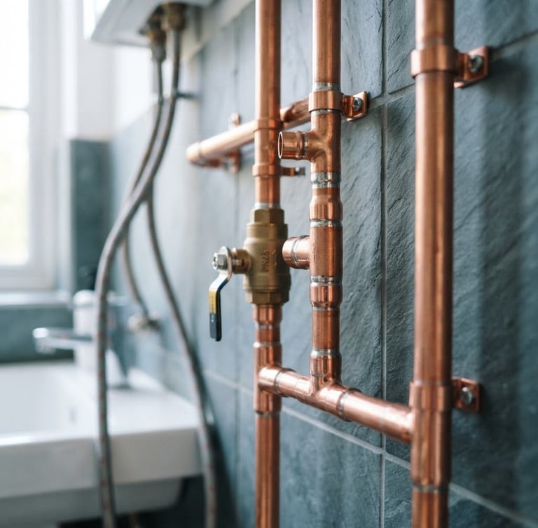 Close-up of clean modern copper pipework with neat solder joints in a bright residential utility room, natural daylight, cool slate tones