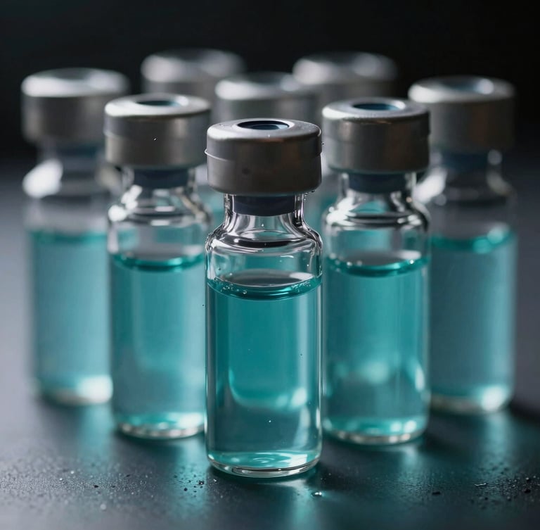Macro close-up of clinical diagnostic vials with teal fluid, low-key high-contrast studio lighting, sharp focus