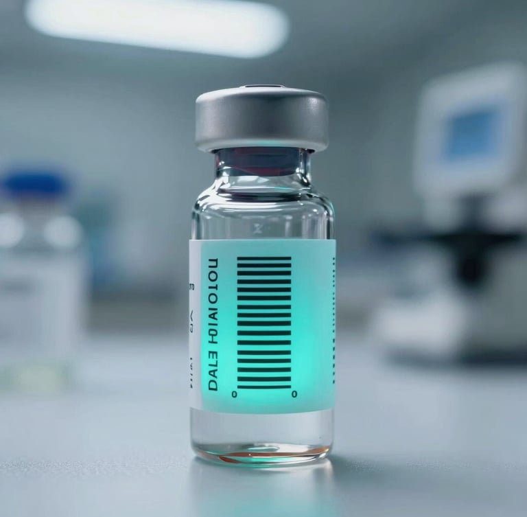 Macro close-up of a sealed sterile diagnostic vial with a glowing neon teal biometric barcode under cool clinical white laboratory lighting, shallow depth of field.