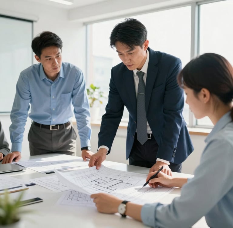Professional security consultants analyzing architectural blueprints in a bright, modern, sunlit conference room, natural daylight, crisp focus, 35mm lens.