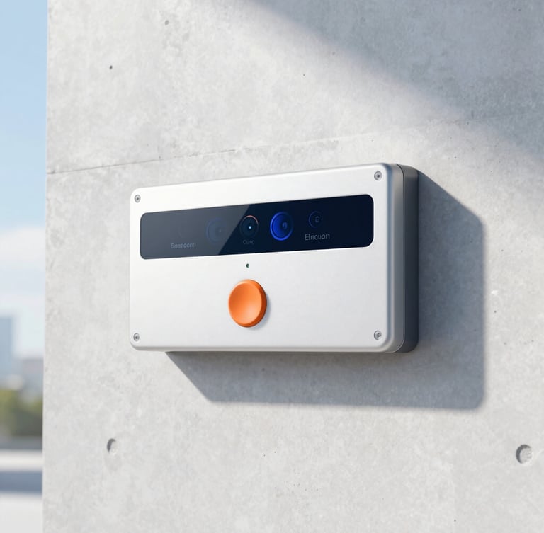 Bright high-key commercial photography of a sleek, modern security system control panel integrated into a clean sunlit concrete wall, professional daylight, 35mm lens