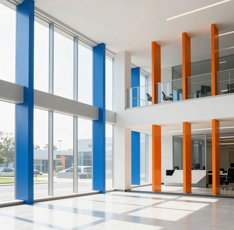 Bright, sunlit modern corporate lobby with clean architectural lines, floor-to-ceiling windows, high-key natural daylight, crisp cobalt blue and safety orange glass accents, sharp focus.