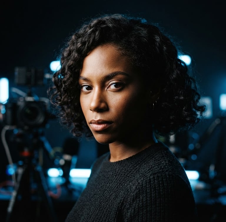 Cinematic medium close-up of a digital creator with intense eye contact, high-contrast studio lighting, dramatic shadows, sharp electric-blue ambient highlights, 35mm lens.