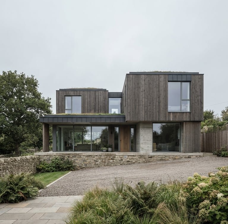 Wide-angle architectural exterior elevation of a modern timber and concrete residential structure in overcast UK daylight, crisp geometric lines, desaturated cool tones, tilt-shift lens