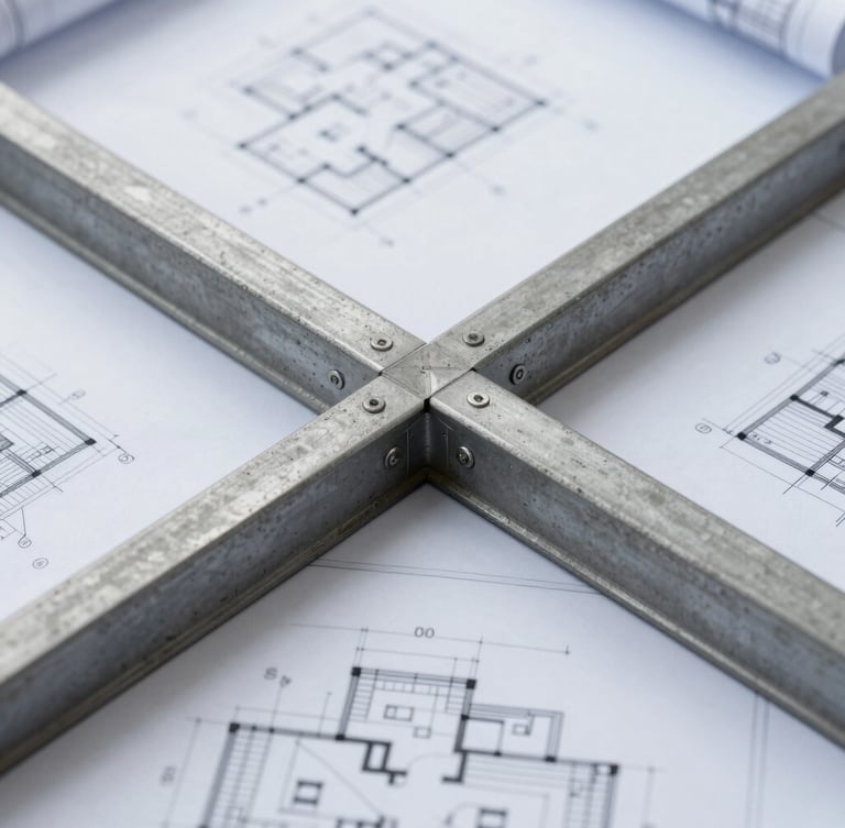 Tight macro shot of architectural blueprints overlaid on a raw concrete and steel material junction, natural overcast UK daylight, desaturated cool tones