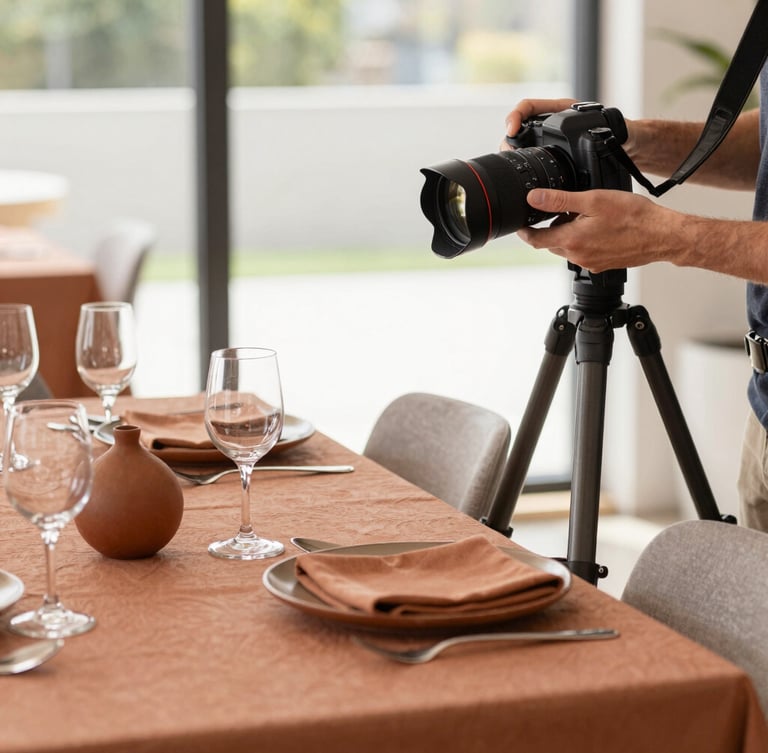 A professional photographer hands adjusting a camera on a tripod, capturing a beautifully styled table at a modern restaurant, warm terracotta tones, natural daylight, rich textures