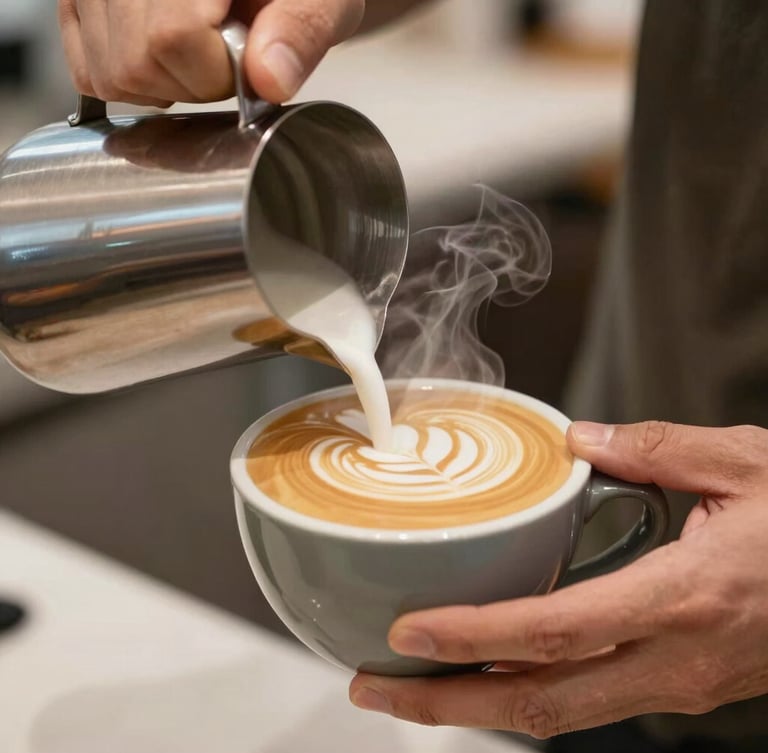 Hands of a barista carefully pouring latte art in a ceramic cup, warm steam, rich crema texture, close-up shot, soft warm daylight, 35mm lens.