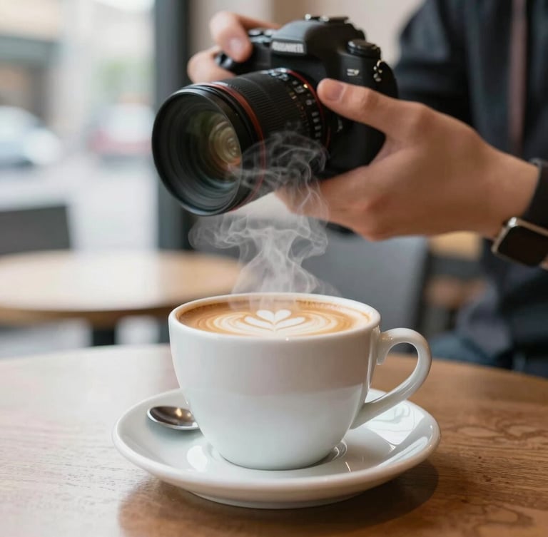 A professional photographer shooting close-up of steam rising from a fresh cup of specialty coffee in a modern cafe, soft natural daylight, rich textures, editorial commercial photography style