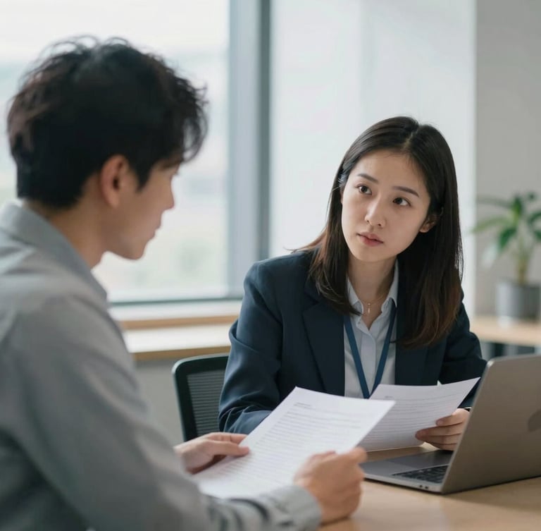 A candid medium-close shot of two professional colleagues in a calm UK office workspace discussing notes, soft natural light, shallow depth of field, 35mm